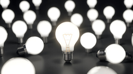 One of Lightbulb glowing among shutdown light bulb  in dark area with copy space for creative thinking , problem solving solution and outstanding concept by 3d rendering technique.