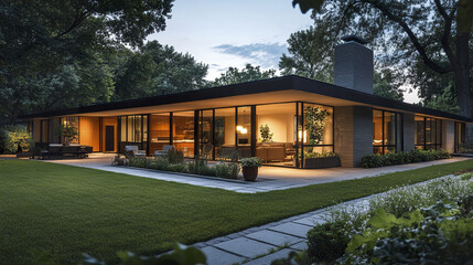Mid century modern house with large patio at dusk, surrounded by lush greenery
