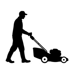 Silhouette of a gardener using a Lawn mower. vector illustration