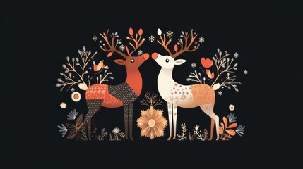 Fototapeta premium Two stylized deer surrounded by floral elements on a dark background, showcasing a whimsical design.