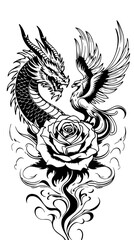 Minimalist black-and-white line art of a fierce dragon head and a majestic phoenix emerging together from the center of a fully bloomed rose, all rising from swirling flames The dragon has sharp horns