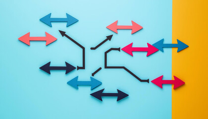 Colorful arrows blue and yellow background symbolize choices and directions, creating vibrant visual representation