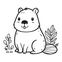 cute capybara animal with leafs plant cartoon vector illustration graphic design to colouring