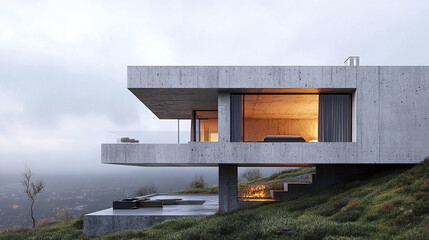 Obraz premium Minimalist concrete house on hillside at sunrise with warm lighting
