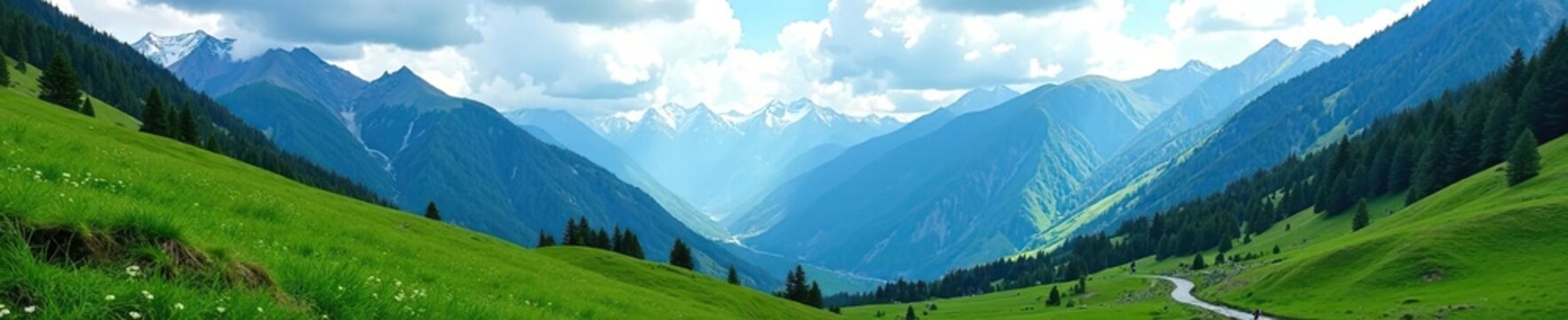 Scenic view of lush green valleys and snow-capped mountains in Jammu and Kashmir,  tranquil,  serene