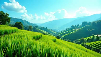 Gardinen Scenic view of minimalist rice fields on terraced landscapes against blue sky background,  nature,  terraced landscapes © suphatttra