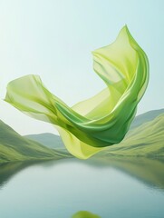 Mint Green Cloth Flying Against Light Blue Sky, Gentle Folds, Subtle Details, Elegant Appearance, Logo Design, Luxury Fashion Brand, Movement, Wind, Breeze, Tranquility, Sophistication