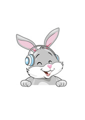 Laughing bunny in headphones