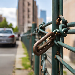 Naklejka premium Urban Chain Link: A weathered chain link fence stands as a barrier along a city street, its rusty links hinting at the passage of time. This image captures urban landscape with a sense of history.