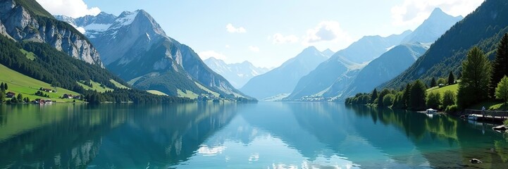 Fototapeta premium Scenic view of Oeschinensee lake surrounded by majestic Swiss Alps mountains, destination, Switzerland