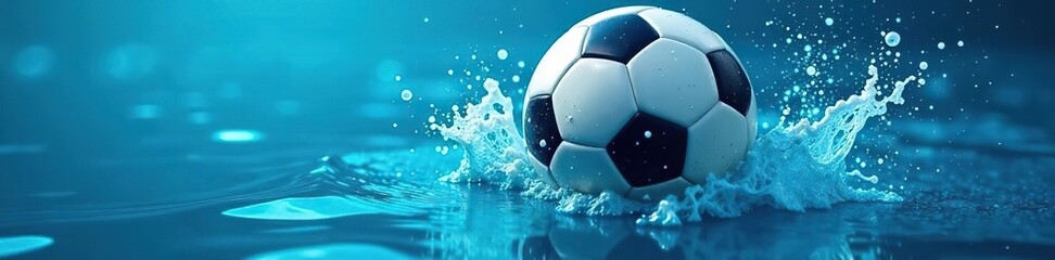 Soccer ball surrounded by blue water ripples and dynamic splash effects against fluid background capturing vibrancy and excitement,  striking, soccer