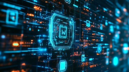 Obraz premium An AI powered cybersecurity firewall, detecting and neutralizing digital threats in real-time for a network, Security tech style