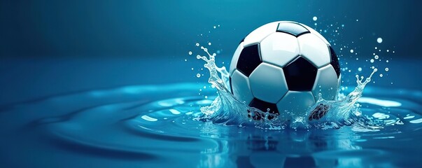 Soccer ball surrounded by blue water ripples and dynamic splash effects on fluid background capturing vibrancy and excitement,  moment,  dynamic