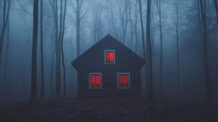 Mysterious Cabin in Foggy Forest at Night