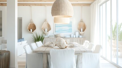 Coastal dining room with white decor and natural light