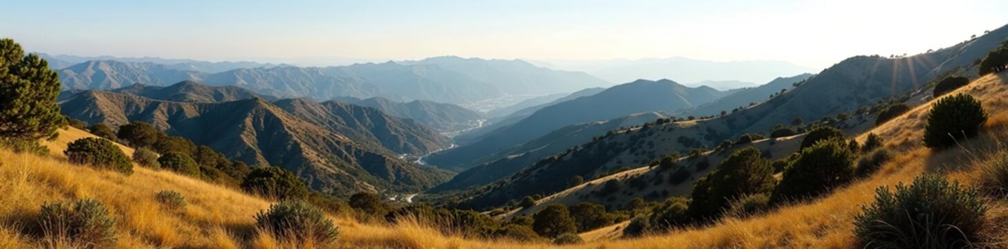 Scenic view of Rancho Sierra Vista in the Santa Monica Mountains, Ventura County with rolling hills and chaparral vegetation,  environment,  landscape