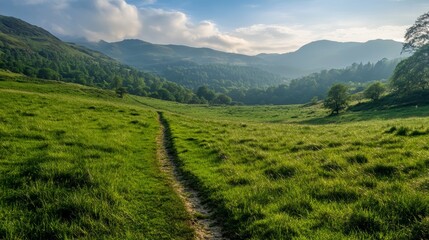 Obraz premium Verdant Valley Path: Meadow Mountains and Sky 