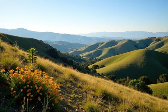 Scenic view of rolling hills and native flora at San Marcos Foothills Preserve in Goleta, Santa Barbara County, California,  explore,  foliage