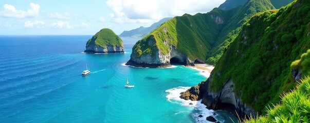 Scenic view of rugged coastline on Nusa Ceningan island with turquoise waters and lush green cliffs,  travel,  cliffs