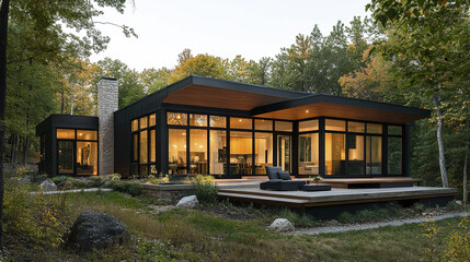 Modern bungalow with floor to ceiling windows in serene forest setting