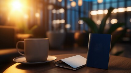 Cozy café scene featuring a coffee cup, passport, and travel itinerary on a wooden table in soft light