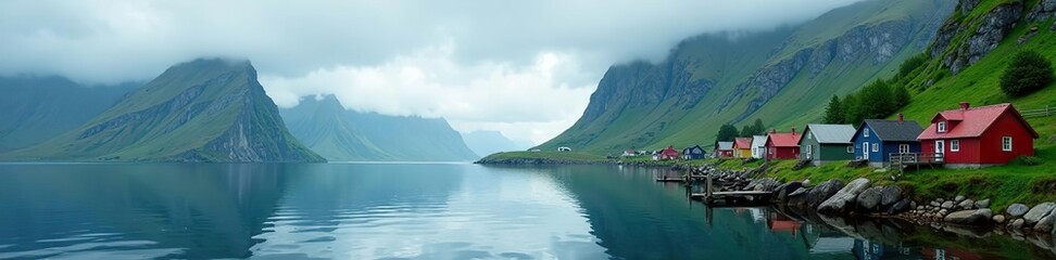 Obraz premium Scenic view of serene waters and colorful cabins in Lofoten Islands after a storm, Nordic, calm weather