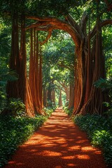 A winding red path goes through a vibrant green tropical forest