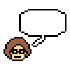 Obraz premium Cartoon pixel cute character man face with chat box blank decoration 8 bit male boy say speak discuss idea chat box cartoon pixel 8bit game png vector.