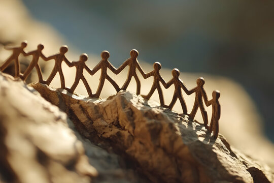 Paper chain people hold hands along a rugged rocky ridge, symbolizing trust, teamwork, and guiding each other through difficult terrain.