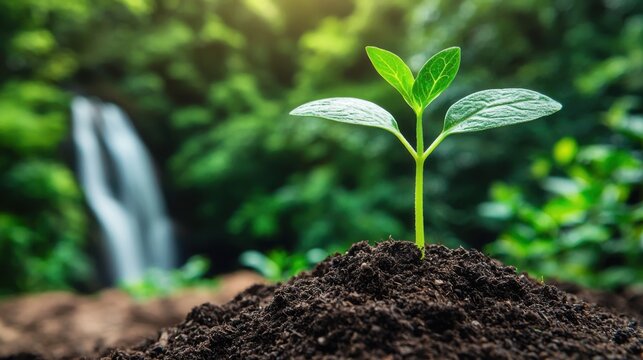 Green Sprout Growing from Soil with Forest and Waterfall for Environmental Sustainability and Eco-Friendly Living