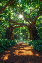 Naklejka premium A Sunlight Dappled Path Through Lush Green Forest Trees