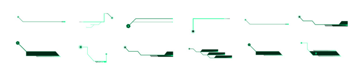 PNG set of microchip geometric technology elements with electronic line in green and blue pattern, featuring symmetric design and black icon symbol illustration sign set for business button web label 