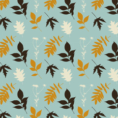Obraz premium Bright autumn leaf pattern, stamp leaves, harvest festival, autumn vibe, sad mood. Packaging, textile, wrapping, wallpaper, background.