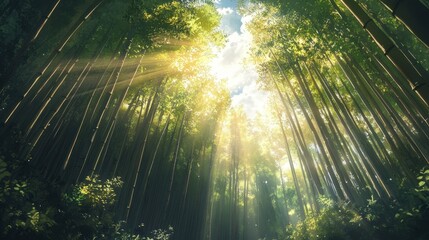 Obraz premium A dense bamboo forest with sunlight filtering through, space for text on the left.