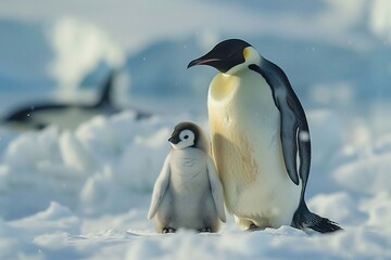 Fototapeta premium Antarctic Conservation Areas Preserving Frozen World Strict protection safeguard penguin seal whale Antarctica Illustrate emperor penguin standing fluffy chick vast icy expanse snow swirling wind orca