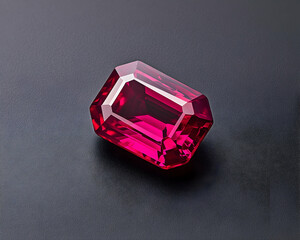 Faceted red gem with sharp edges on a dark, smooth surface