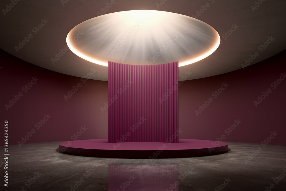 Poster circular podium and ribbed backdrop in a dark maroon room, illuminated by a ceiling light, showcasin