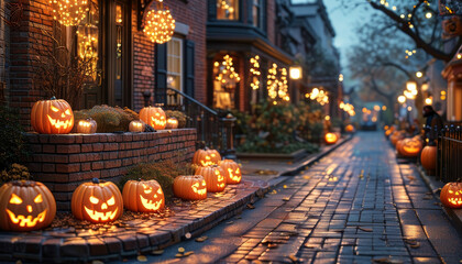 Halloween product display background podium, Classic Trick-or-Treat Street, brick, glowing jack-o’-lanterns, Halloween-decorated neighbourhood street, Cobweb houses, nostalgic and festive energy, ad