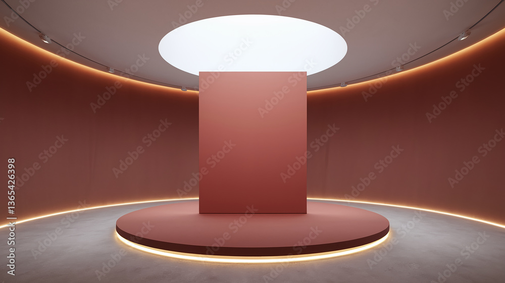 Poster Empty red display podium in a minimalist circular room, illuminated by soft lighting.  Showcase for product placement or branding, symbolizing elegance and modern presentation