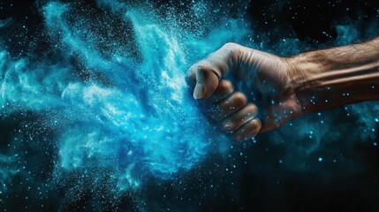 Fototapeta premium A fist connects with an invisible force, sending waves of blue powder swirling in a stunning visual effect.