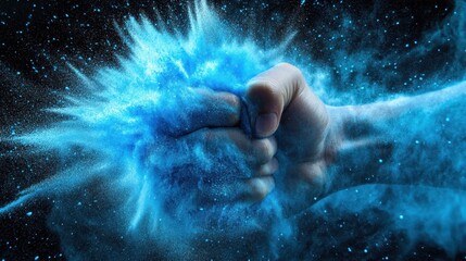 Fototapeta premium A fist connects with an invisible force, sending waves of blue powder swirling in a stunning visual effect.