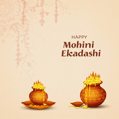 Happy Mohini Ekadashi Festival Background with Illuminated Holy Pot (Kalash)

