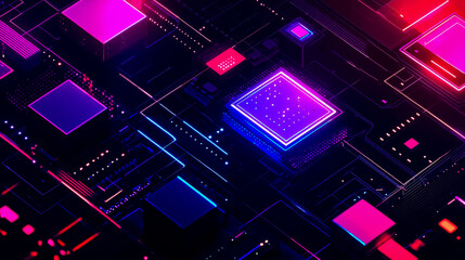 A computer circuit board with neon lights and squares on it