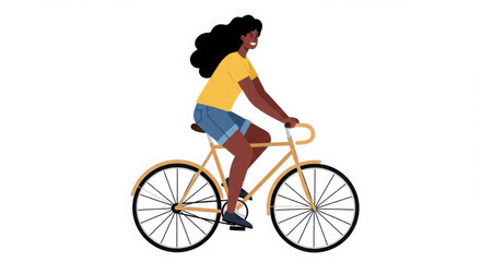 Obraz premium Young woman riding a vintage bicycle, wearing a yellow shirt and denim shorts, isolated on a white background.