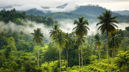 Fototapeta premium A lush tropical rainforest with mist rising among the towering palm trees, creating a fresh atmosphere.