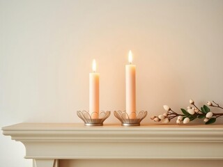 Two candles are lit on a mantle