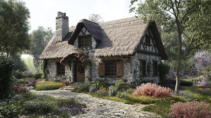 Fototapeta premium Charming stone cottage with thatched roof in lush spring garden