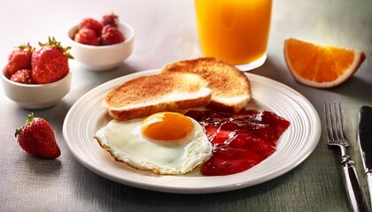 breakfast plate with fried eggs, strawberry jam and orange juice