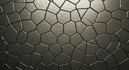 Fototapeta premium Digital Background Displaying a Mosaic of Irregular Geometric Tiles Rendered in a Hammered Metallic Finish