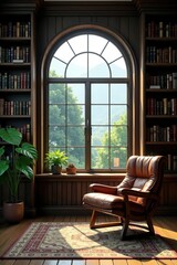 Scenic bookshelf background interior with window view, rustic wood, cozy room, virtual meeting room,  virtual,  meeting room